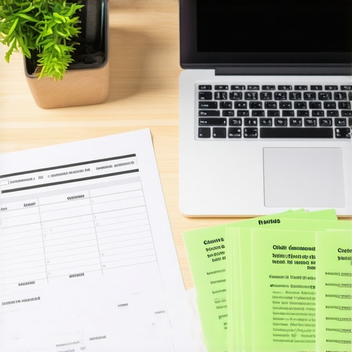 A desk with credit tracking tools, certified mail receipts, and a spreadsheet used for maintaining a high credit score.