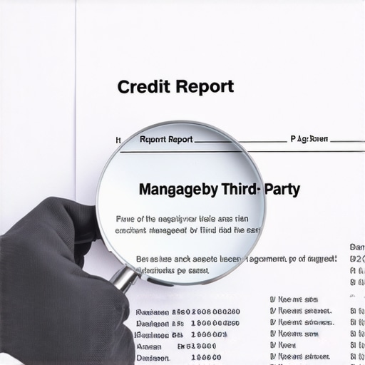 Credit report managed by third party notation Close up of a credit report showing a notation that an account is managed by a third party.