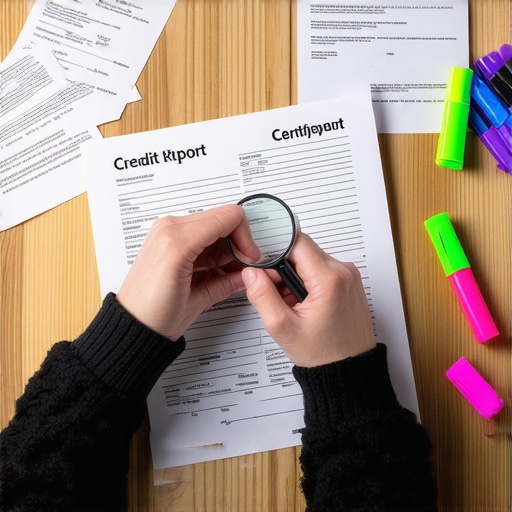 Close up of person auditing a physical credit report with highlighters and documents