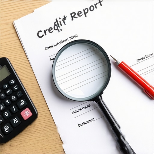A magnifying glass inspecting a credit report for errors and inaccuracies.