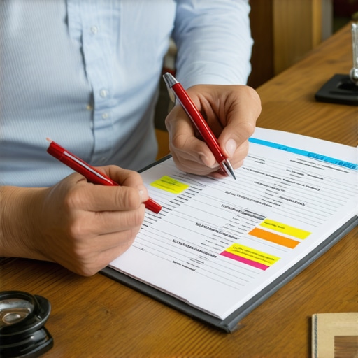 A person carefully reviewing a credit report for errors and duplicate entries with a magnifying glass.