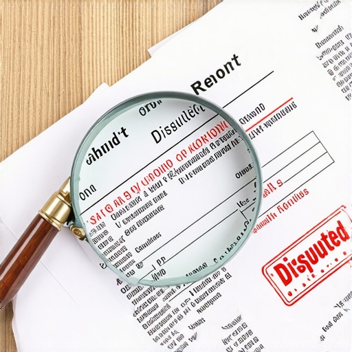 Close-up of a magnifying glass examining a credit report for errors and disputes.