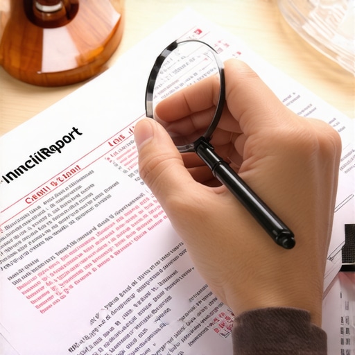 Detailed Credit Report Audit Close-up of a magnifying glass inspecting errors on a financial credit report.