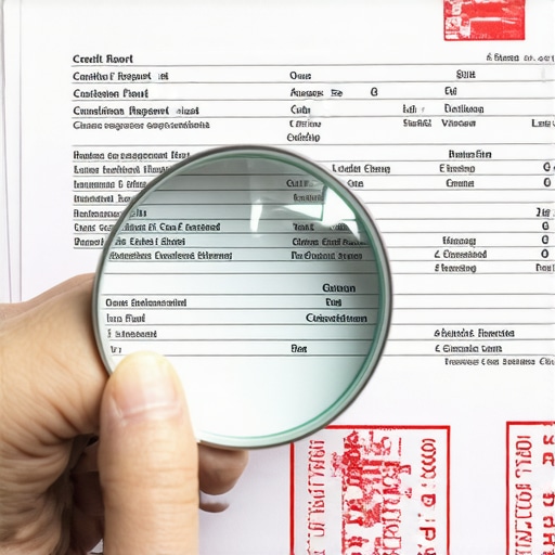 Detailed Credit Report Audit Close up of a magnifying glass over a credit report showing errors and data fields