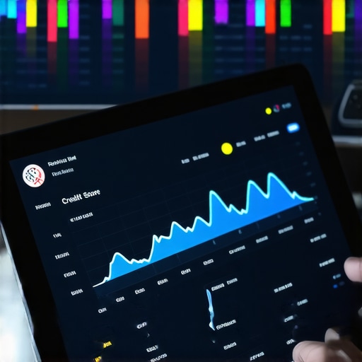 A tablet displaying a modern credit monitoring interface with score graphs and security alerts.
