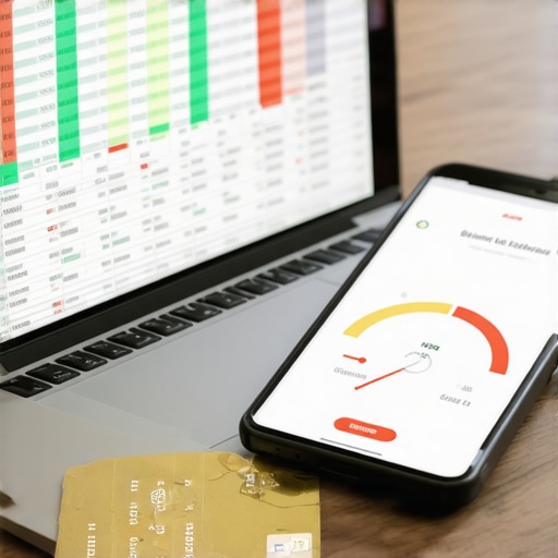 Digital Credit Monitoring Tools and Strategy Financial spreadsheet and credit score app used for credit maintenance and monitoring.