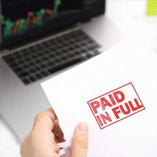 Official paid in full document next to a rising credit score graph on a laptop screen.