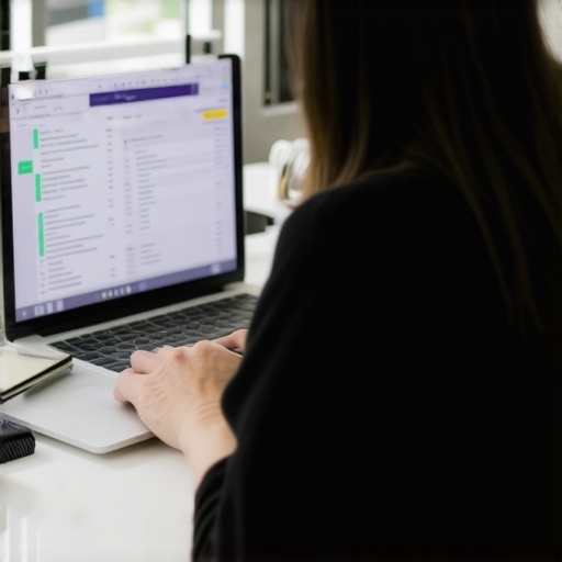 A person organizing financial records and a laptop in a modern home office.