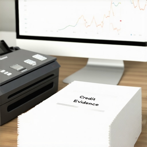 Organized home office setup for credit maintenance with a document scanner and folders.