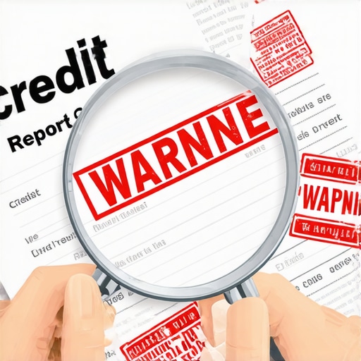 A magnifying glass focusing on a credit report with a pen ready for corrections.