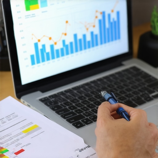 A financial workspace with a credit score graph on a laptop and organized folders.