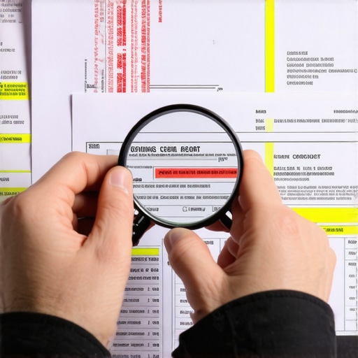 Expert analysis of a credit report document Close-up of a magnifying glass over a credit report with highlights
