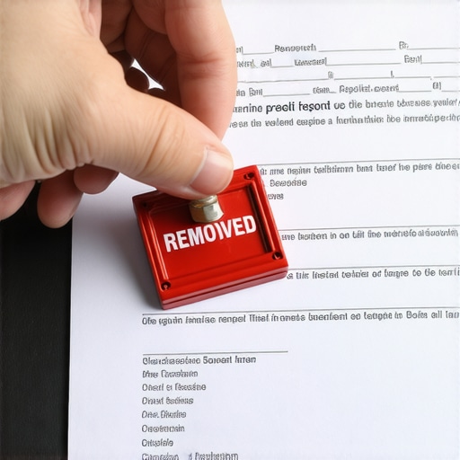 Close-up of a credit report being stamped as removed representing fast credit repair.