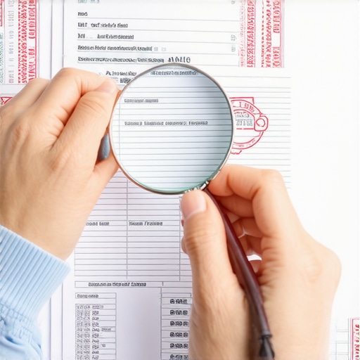 A detailed view of a credit report being audited for errors with a magnifying glass.