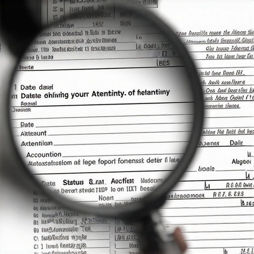 Close-up of a magnifying glass examining metadata and account status fields on a credit report.