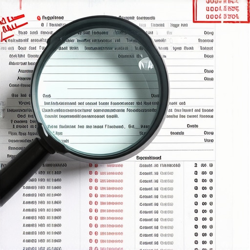 Forensic Credit Report Audit Close-up of a credit report being audited with a magnifying glass and red error marks.