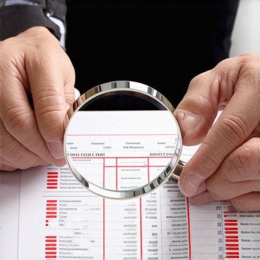A person using a magnifying glass to inspect technical errors on a credit report.
