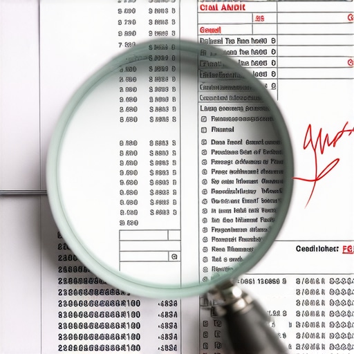 Forensic credit report audit A magnifying glass examining the fine print on a credit report for errors.
