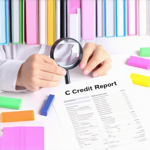 Person auditing a credit report with a magnifying glass to find errors.