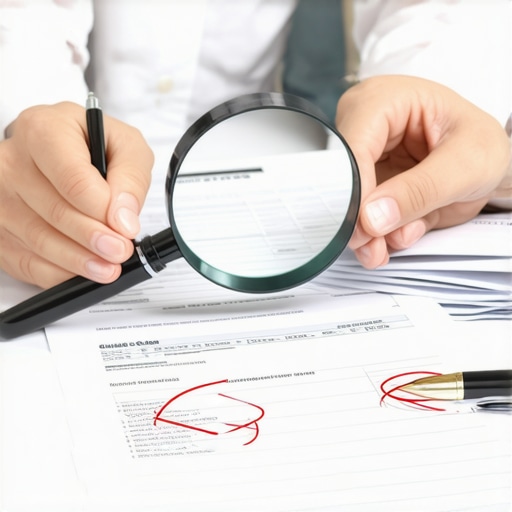Hands auditing a credit report for errors using a magnifying glass