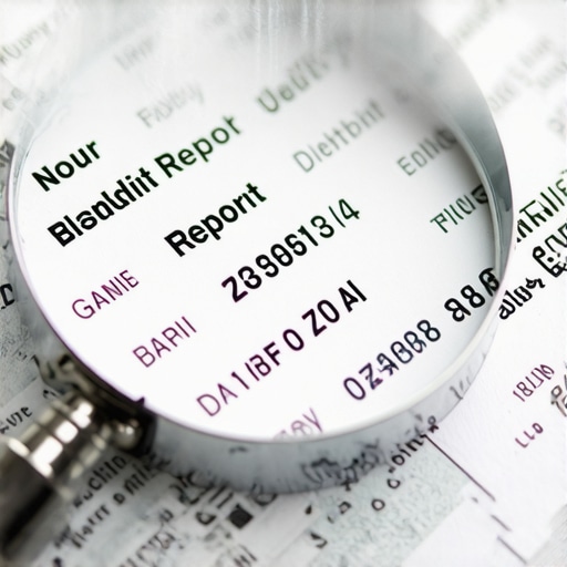 Forensic look at credit report details Magnifying glass examining a detailed credit report