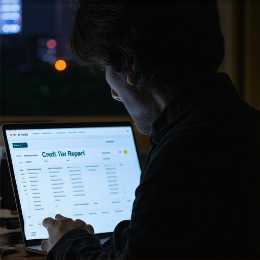 A man looking at credit report errors on a laptop screen in a dark room.