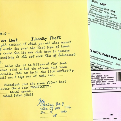 A hand-written credit dispute letter on yellow paper with a certified mail receipt for identity theft recovery.