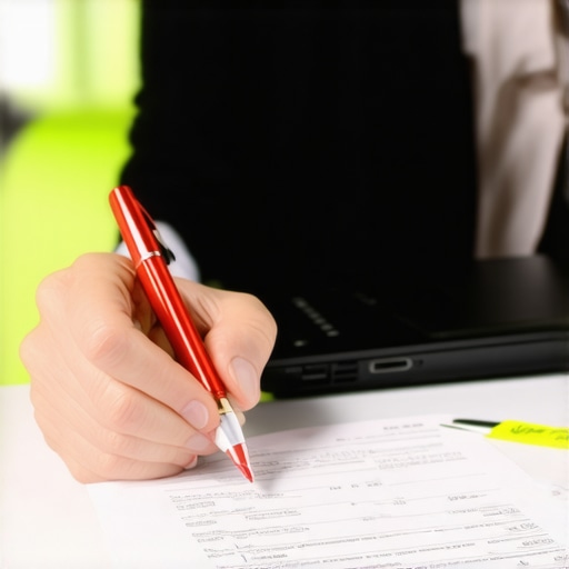 Close-up of a person identifying errors on a credit report with a highlighter and red pen.