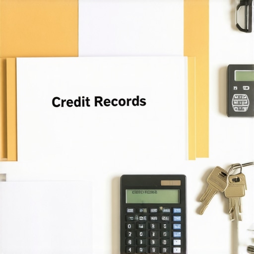 An organized desk with a credit file folder and notebook representing manual credit tracking and maintenance