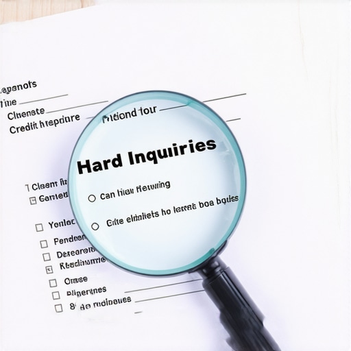 Magnifying glass over a credit report highlighting hard inquiries to be disputed.