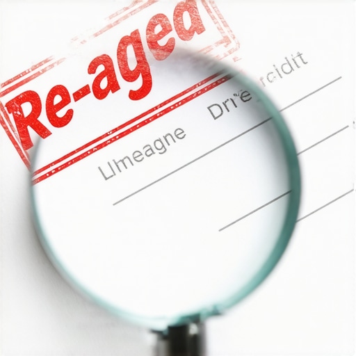 A magnifying glass highlighting an error on a credit report where a debt has been unfairly re-aged.