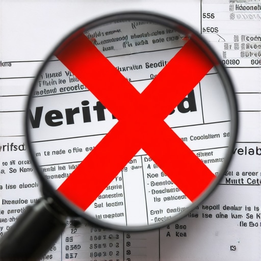 Investigating Credit Verification Errors A magnifying glass showing an 'X' over a verified credit report entry.