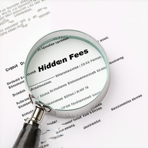 Magnifying glass over a credit document highlighting hidden fees and disclosures.