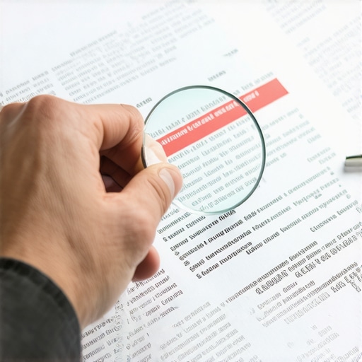 A hand holding a magnifying glass over a credit report with red highlights.