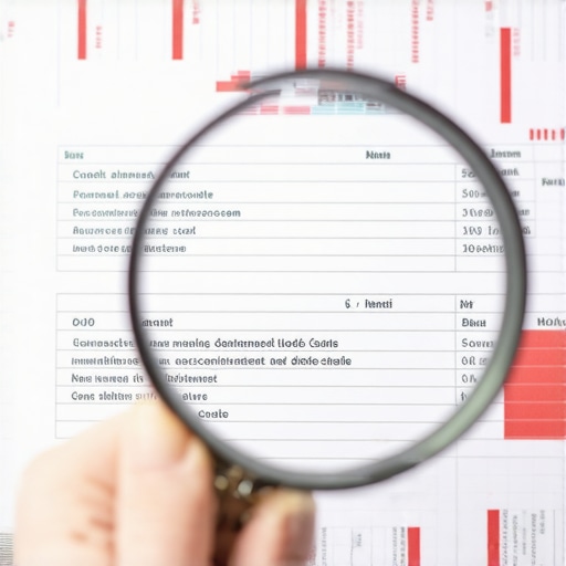 Magnifying glass over complex credit data Detailed view of a credit report being examined for errors with a magnifying glass.