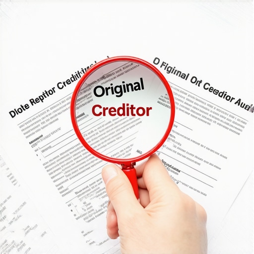 Magnifying glass over original creditor on credit report A detective-style view of finding the original creditor on a debt collection notice.