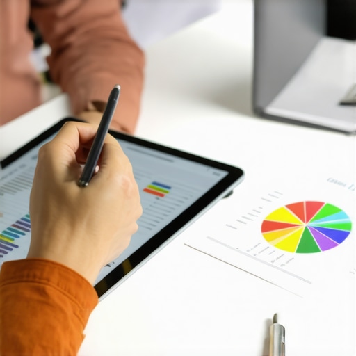 Tablet displaying credit score charts and financial planning files on a desk