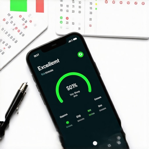 High credit score dashboard on a mobile phone next to a calendar.