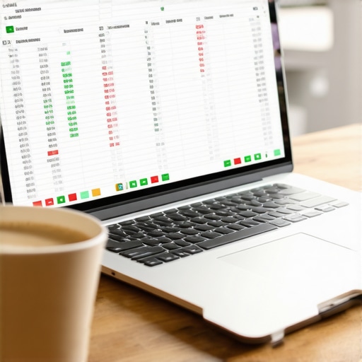 A person's workspace with a credit tracking spreadsheet and coffee