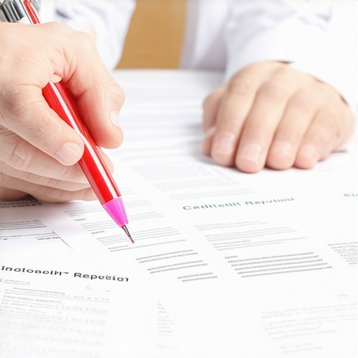 A detailed manual review of a credit report with highlighters and pens to find errors.