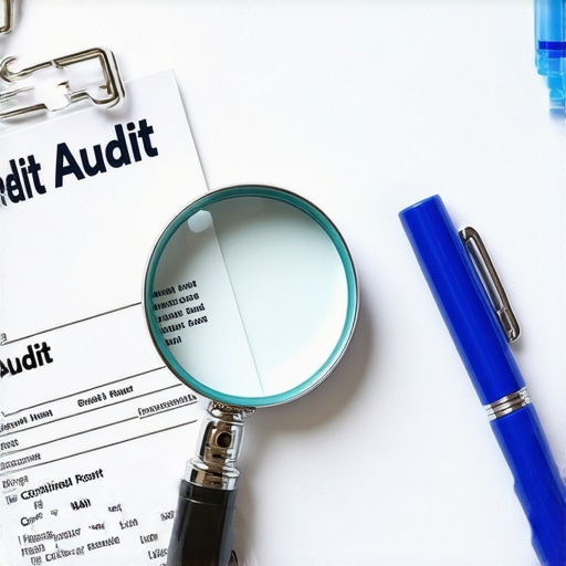 A desk organized for a credit report audit with legal documents and certified mail receipts.