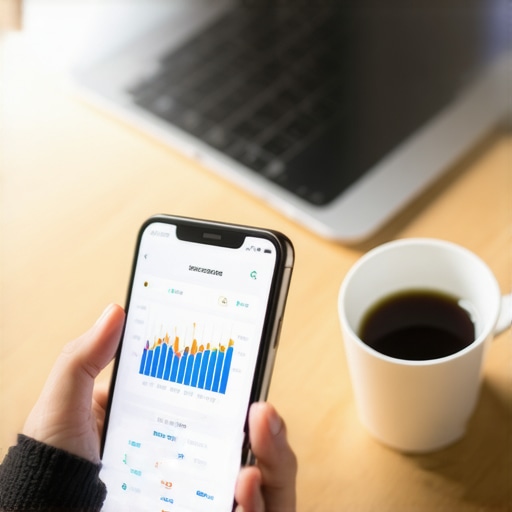 Person tracking credit score growth on a smartphone with a financial graph