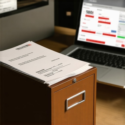 Modern and Traditional Credit Management Tools A desk showing credit dispute letters and a high credit score on a laptop screen
