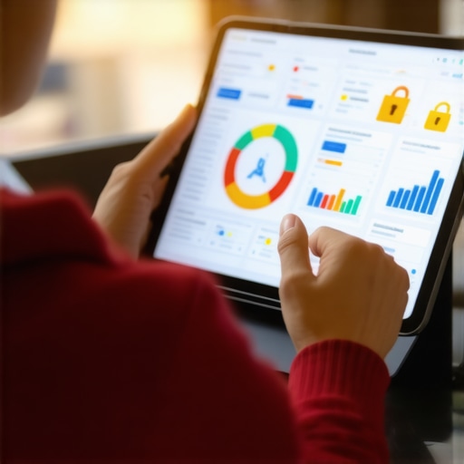 A digital tablet displaying credit score analytics and security features.