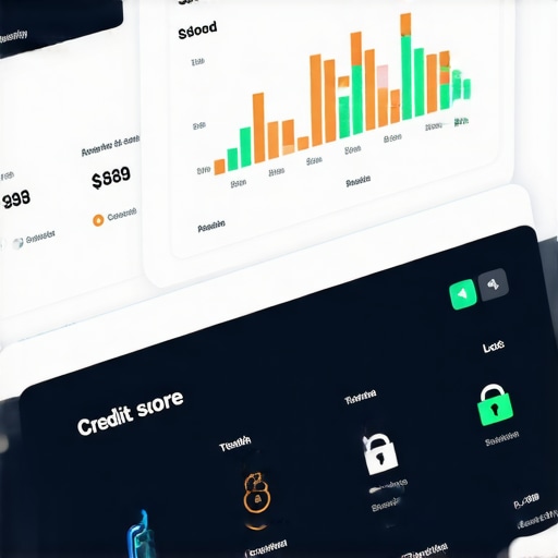 Digital credit monitoring dashboard showing score trends and security features.
