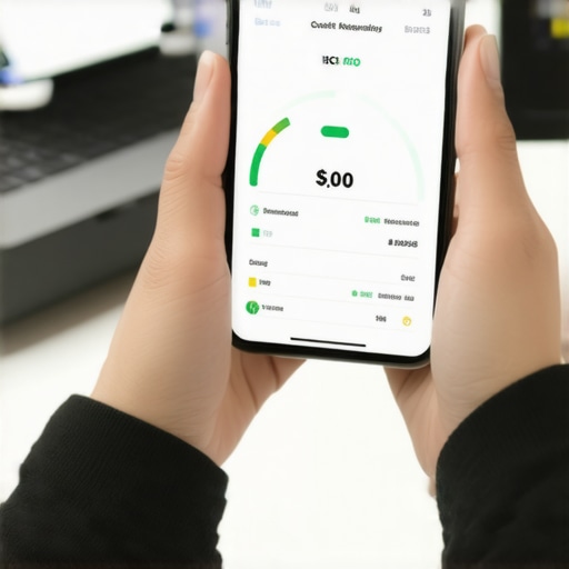 Monitoring your credit score progress A smartphone displaying a high credit score next to organized financial files.