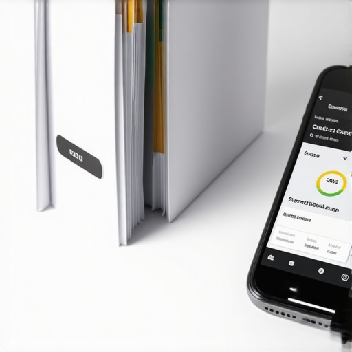 A desk with organized folders for credit bureau correspondence and a smartphone showing a high credit score.