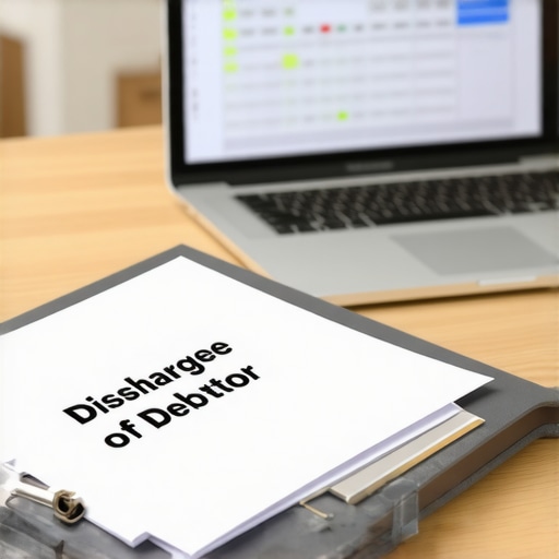 A folder containing bankruptcy discharge papers and a court order on a desk.