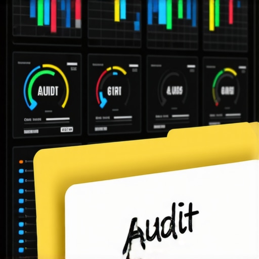 A desk with a digital credit score dashboard and a physical audit folder representing credit maintenance.