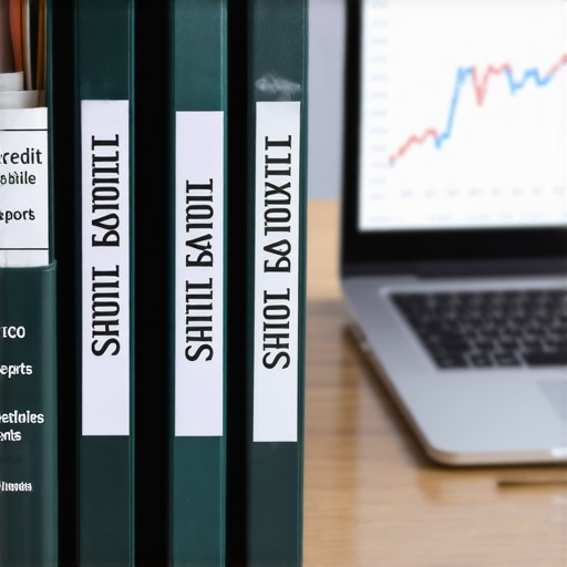 Organized Credit Bible and Rising Score Graph A physical binder used for credit repair documentation sitting next to a laptop showing a positive credit score trend.